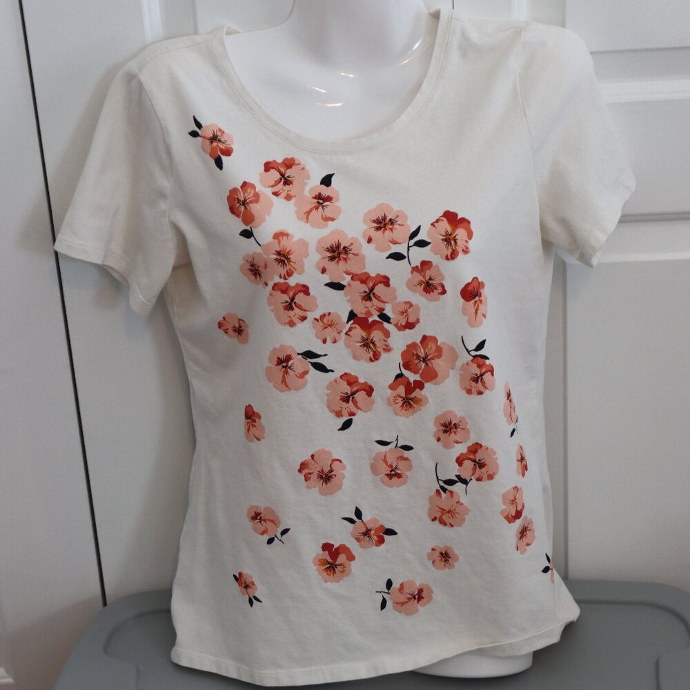 Ann Taylor Factory White/Floral Short Sleeve Tee Size Small Cotton/Spandex